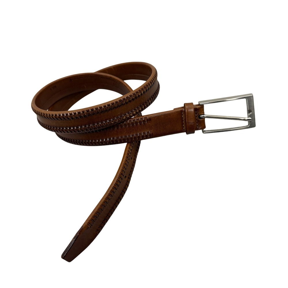 Bragano Belt Mens Size 38 Brown Woven Leather Solid Brass Buckle Made in Italy